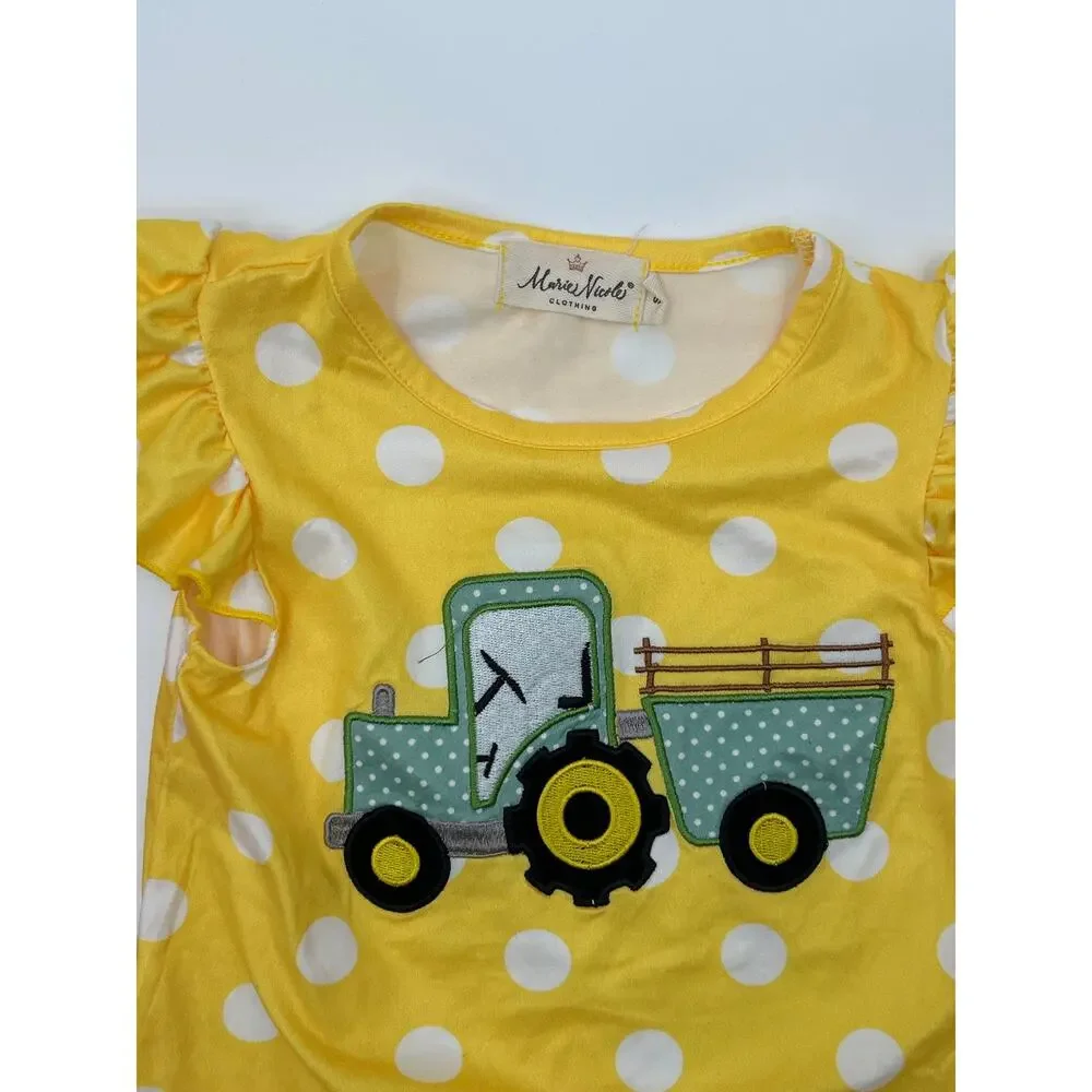 Marie Nicole Clothing 2T Tractor Polka Dot Ruffle Outfit Set Yellow Red Girls
